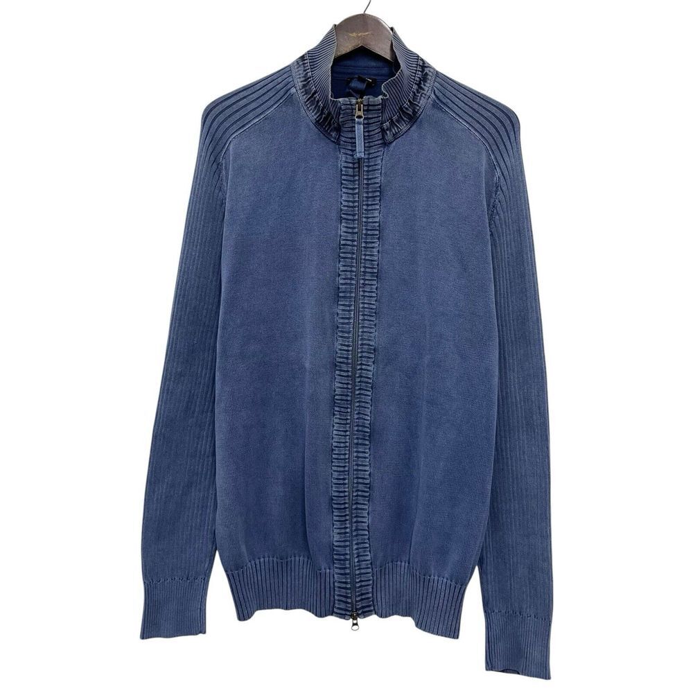 J. Peterman Men's Size XL Full‎ Zip Blue Ribbed Cotton Knit Cardigan Jacket euc